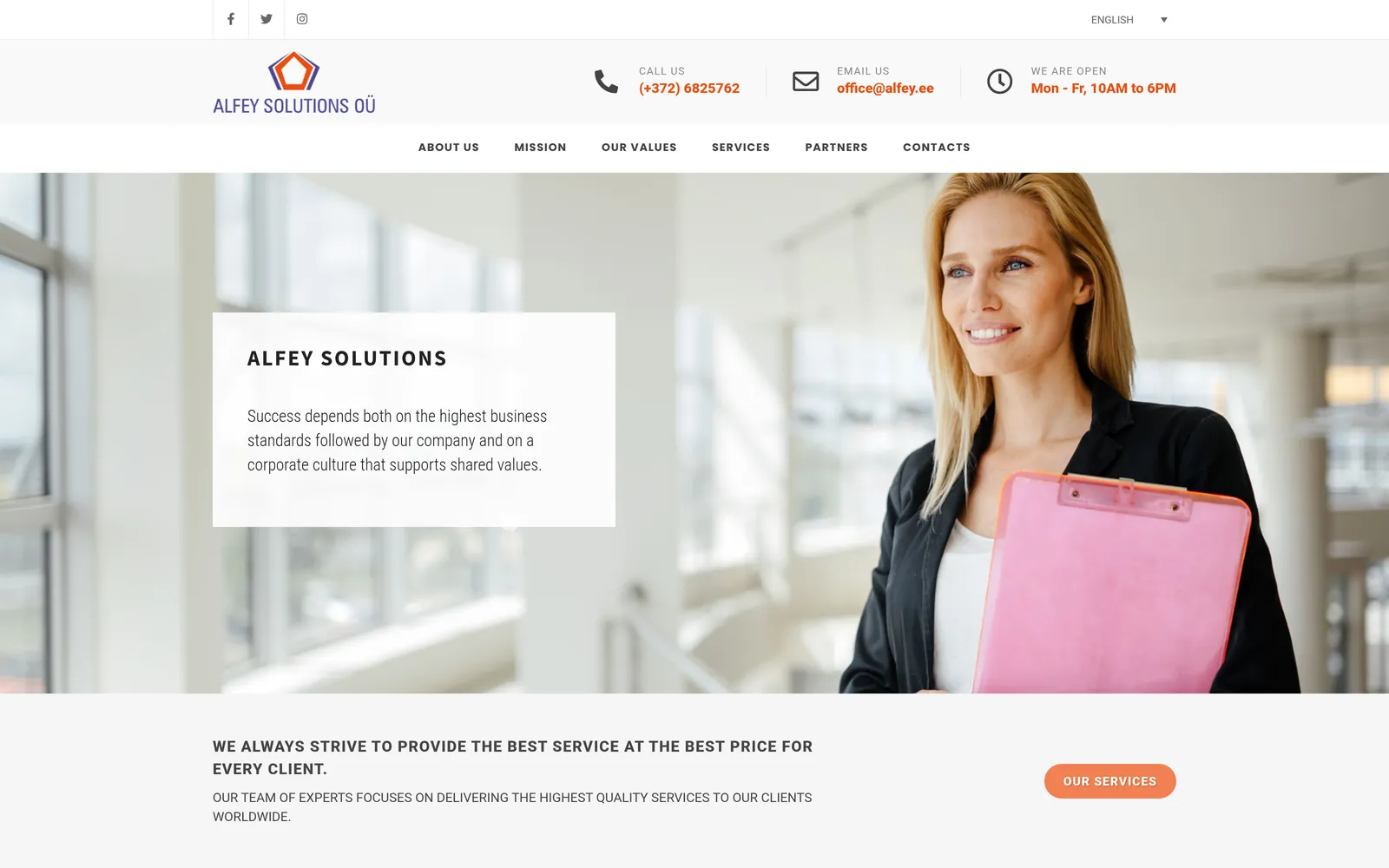 Alfey Solutions OÜ website — homepage of an export trading company in English