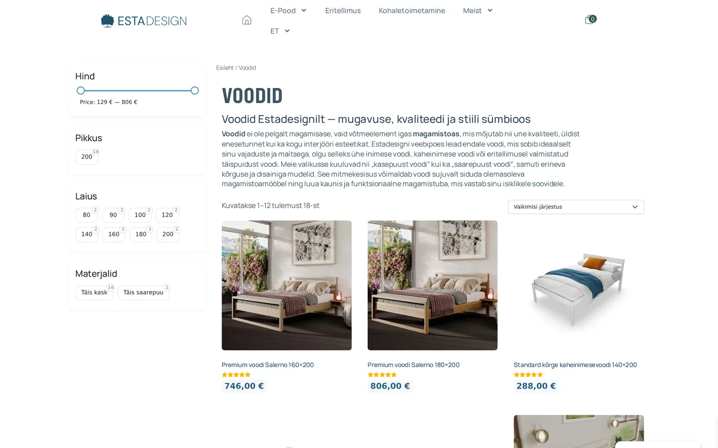 Catalogue with filters — size, material, price