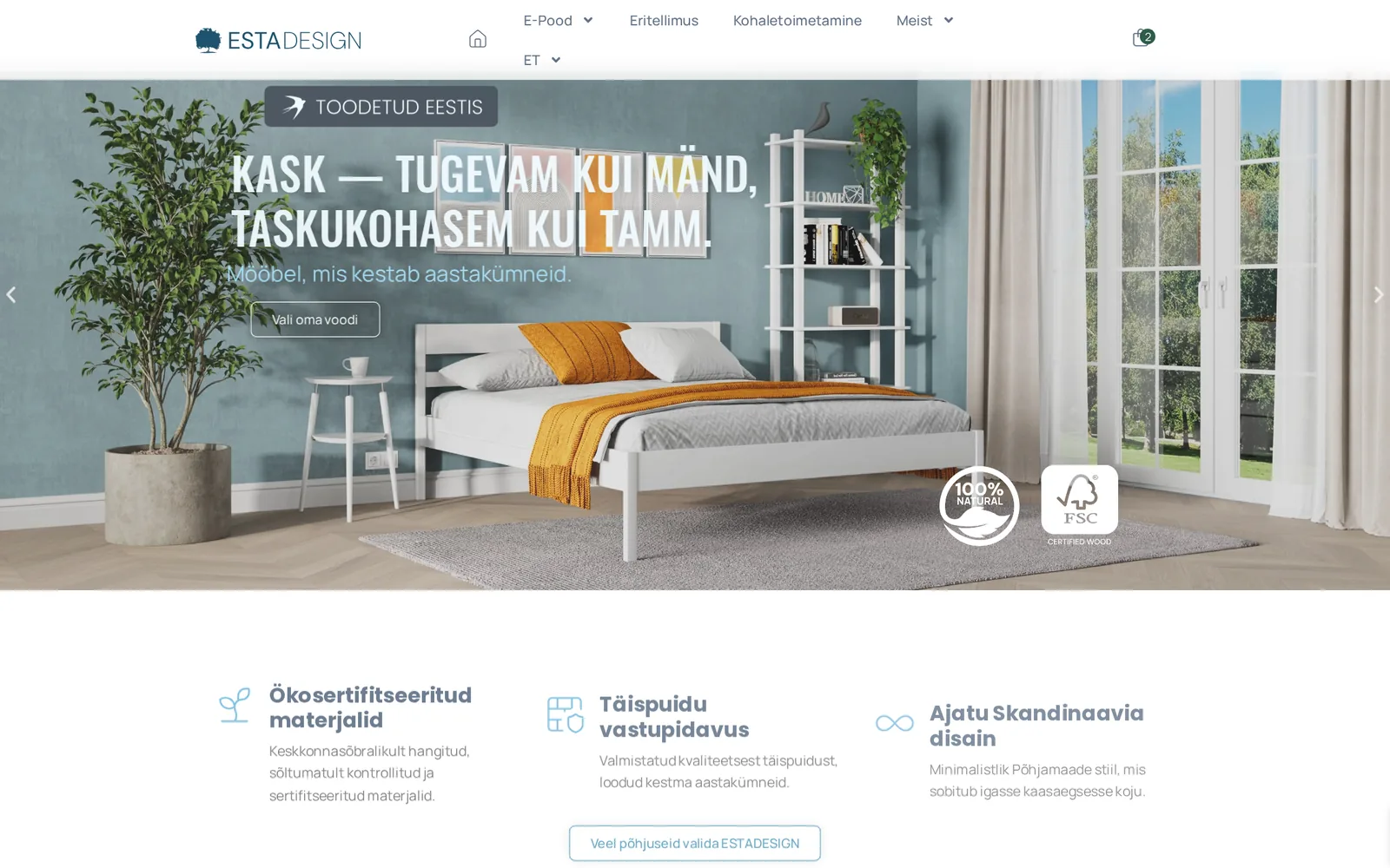 Estadesign.ee — täispuidust mööbli e-pood, avalehe disain