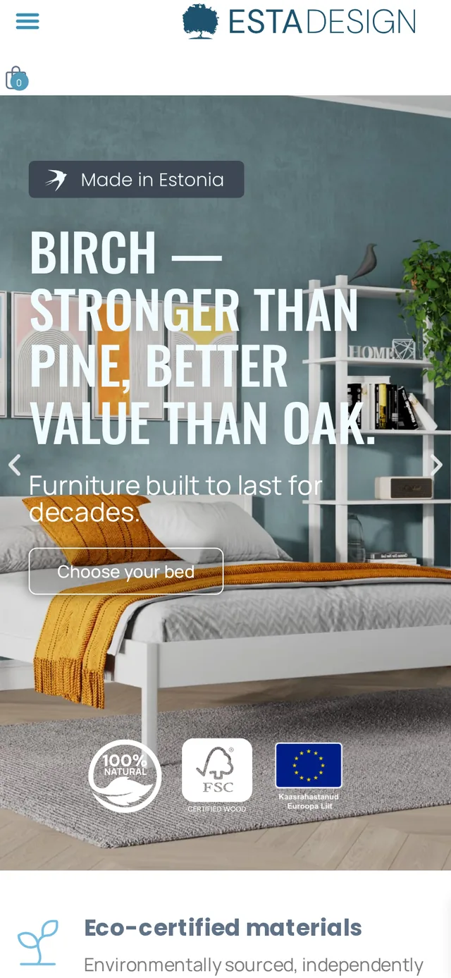 Estadesign.ee mobile view in English — solid wood bed hero