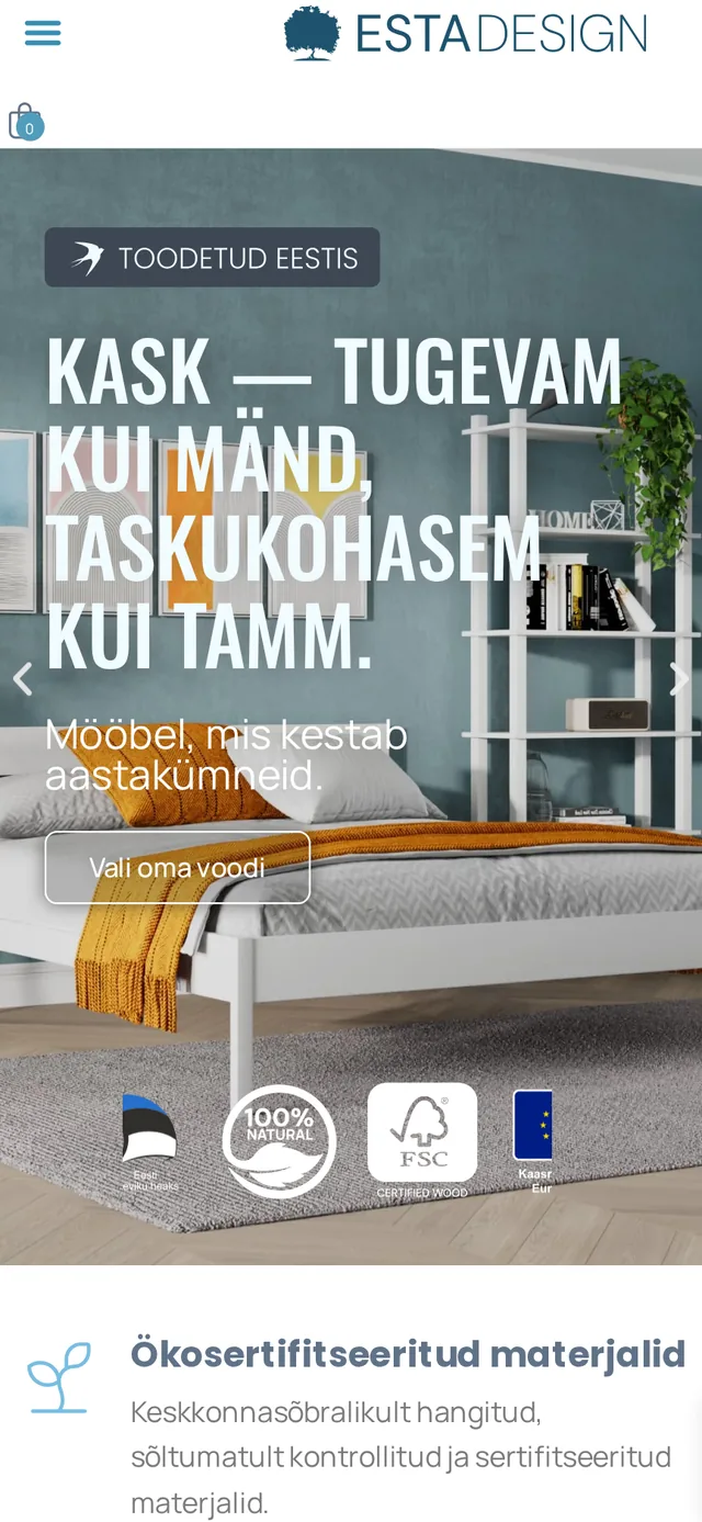 Estadesign.ee mobile view in Estonian — solid wood bed and Made in Estonia badge