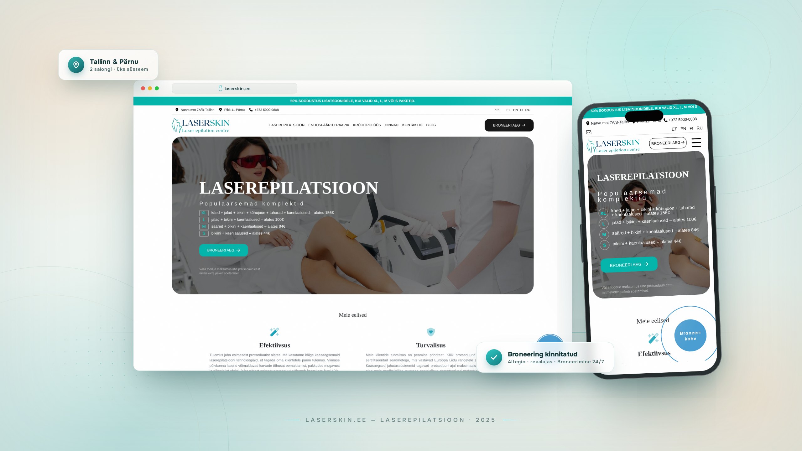 laserskin.ee — laserepilatsiooni keskuse koduleht desktopis ja mobiilis, hele premium-esitlus