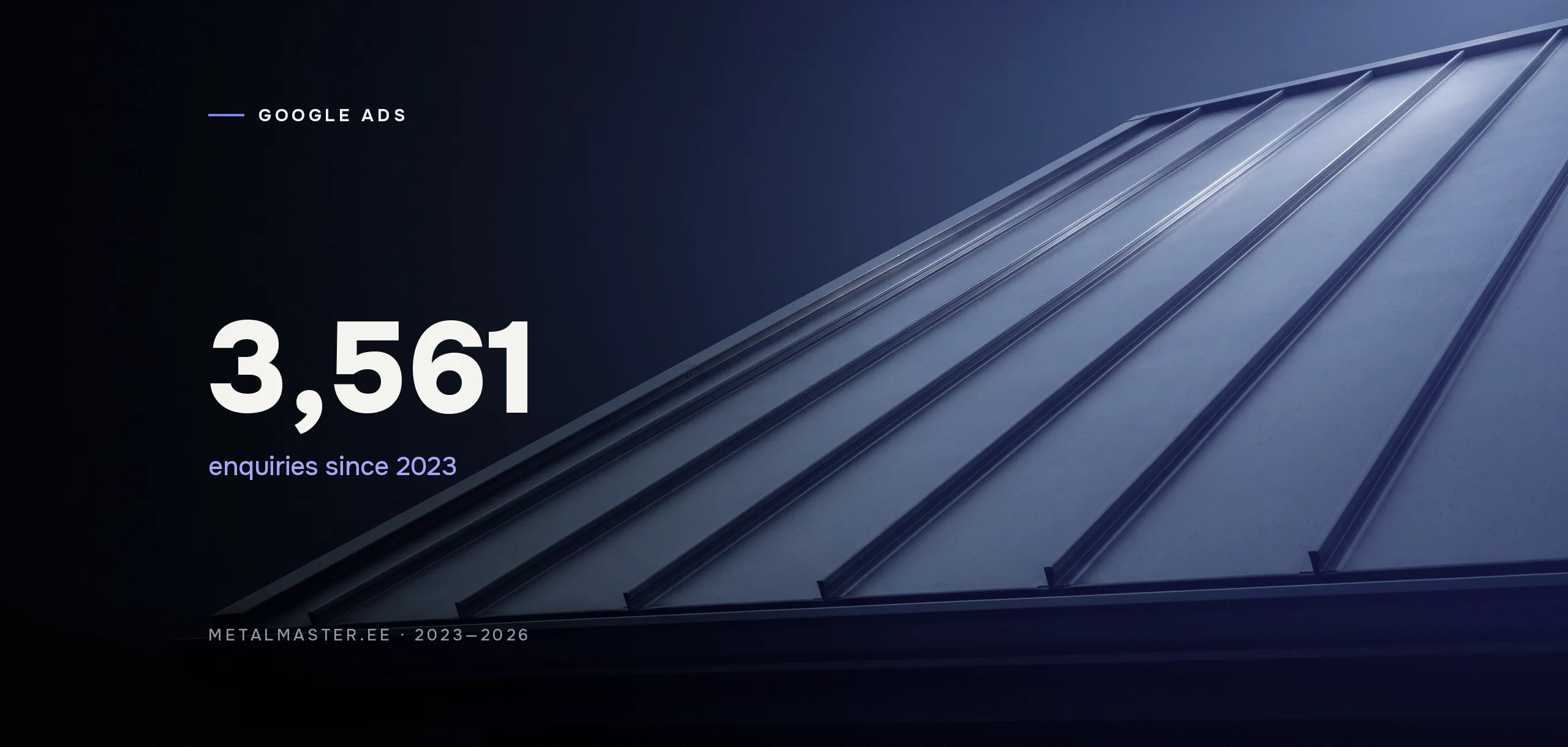 MetalMaster Google Ads campaign result — 3,561 enquiries since 2023; a profiled steel sheet in the dark