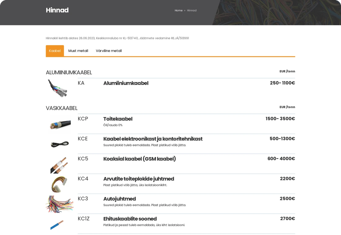 Hinnakiri — kolm vahekaarti, positsioonide koodid ja tonnihinnad