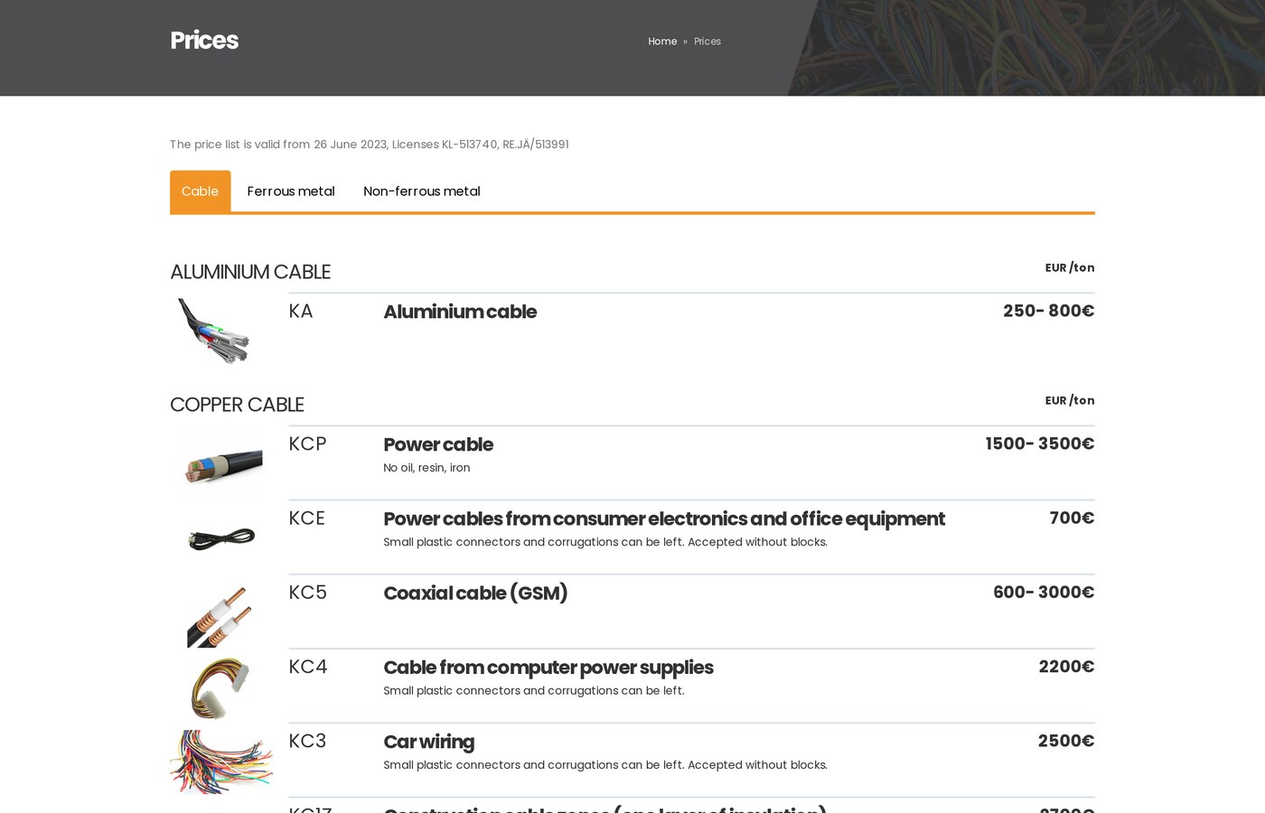 The price list — three tabs, position codes and per-tonne prices