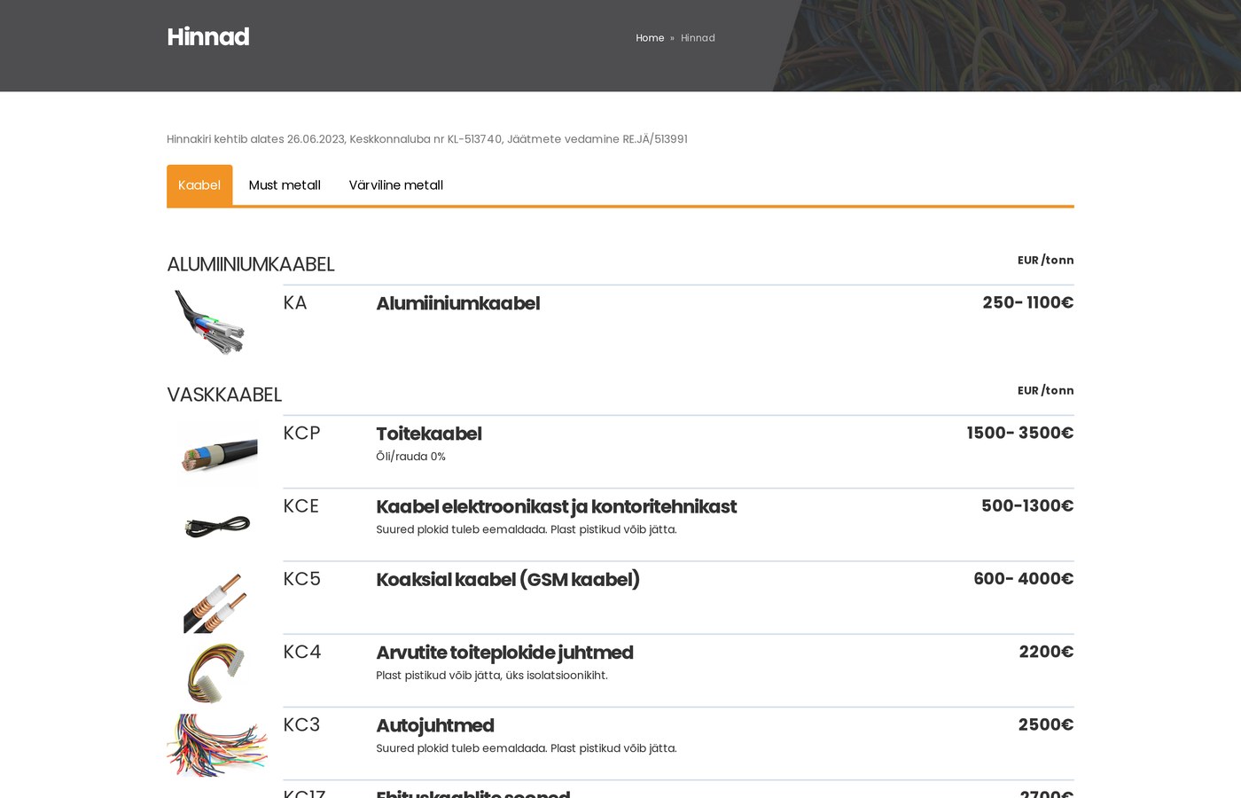 Hinnakiri — kolm vahekaarti, positsioonide koodid ja tonnihinnad