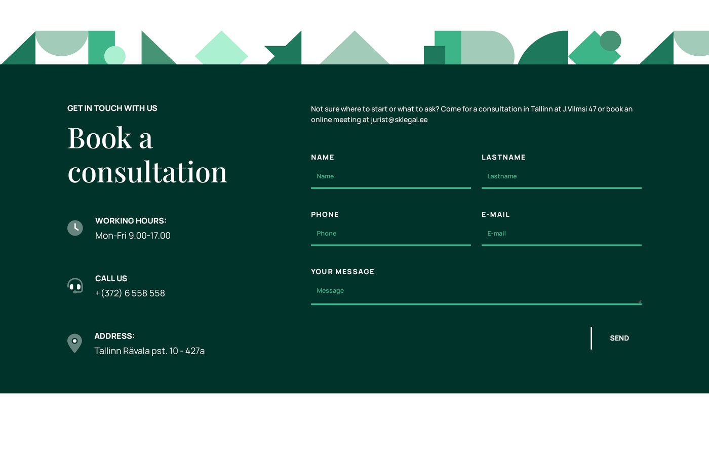 Consultation booking — form, phone and address in one block