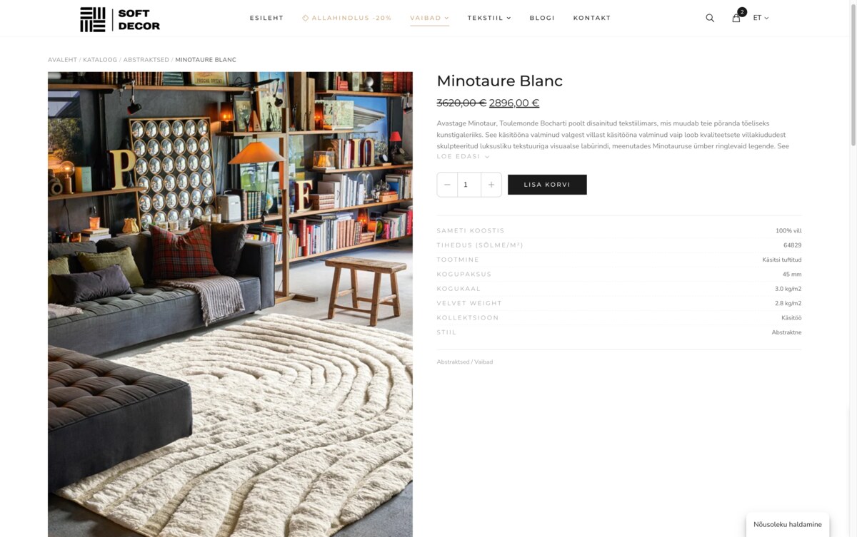 SoftDecor.ee — handmade rug product page with details and options