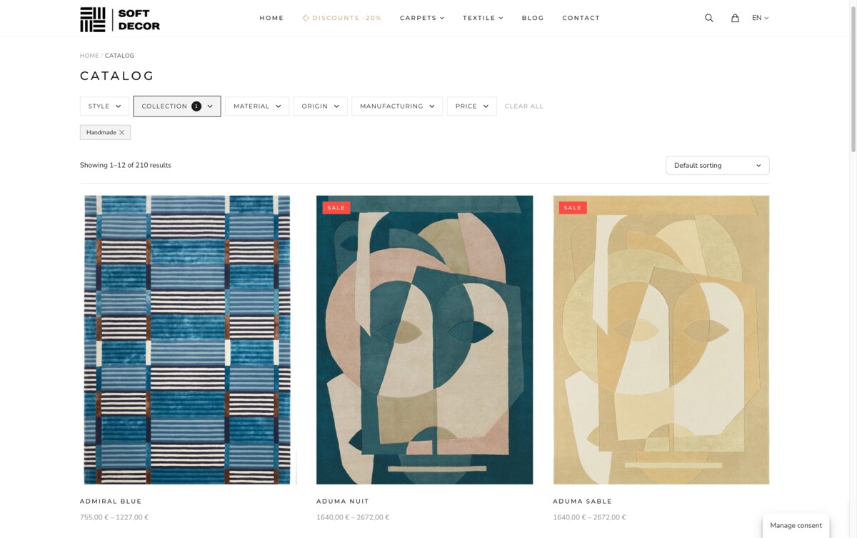 SoftDecor.ee — handmade rugs catalog page with filters