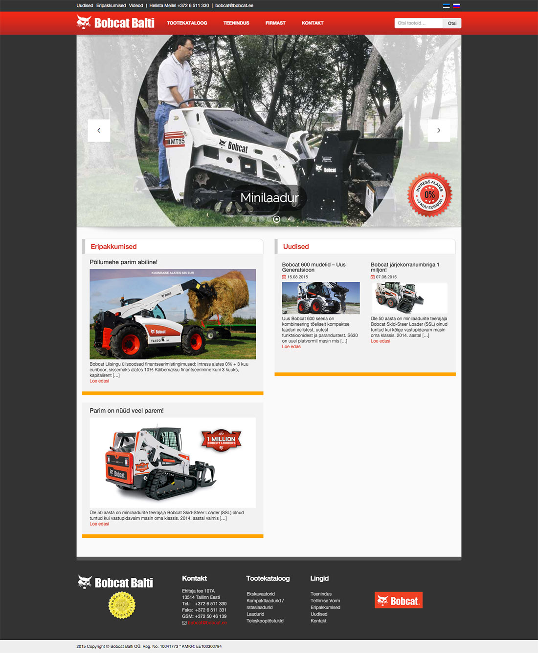 Bobcat Balti veebisaidi sisemine leht, mille on kujundanud iWeb, koos teenuste ja toodete detailidega