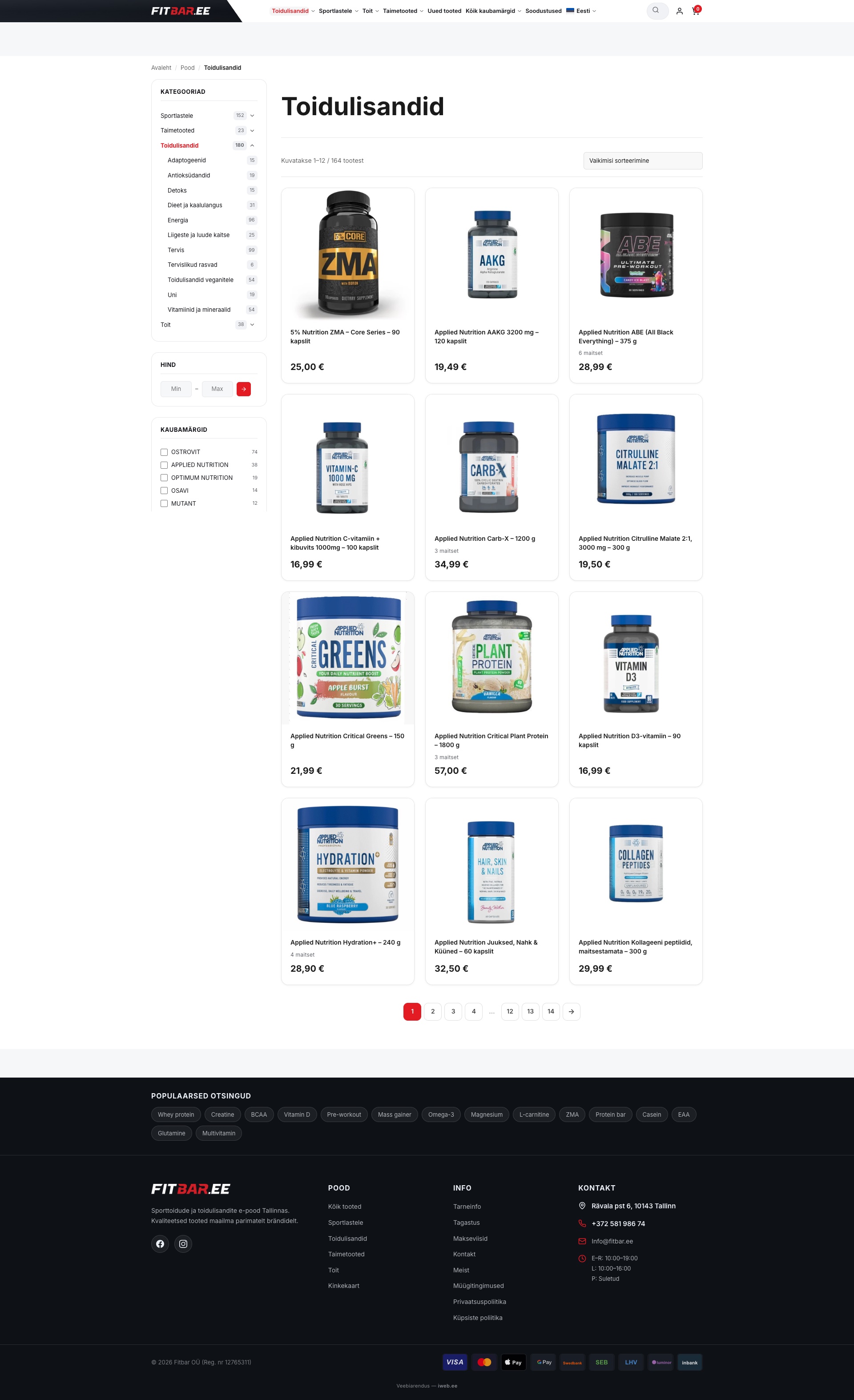 FitBar.ee product catalog with filtering by categories, brands, and prices