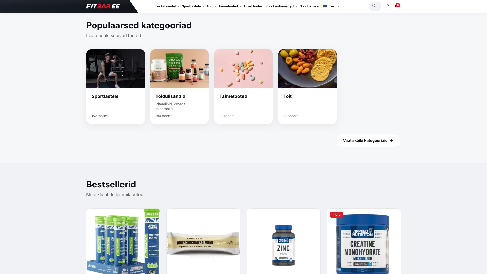 FitBar.ee online store categories page — browsing healthy food and supplement sections