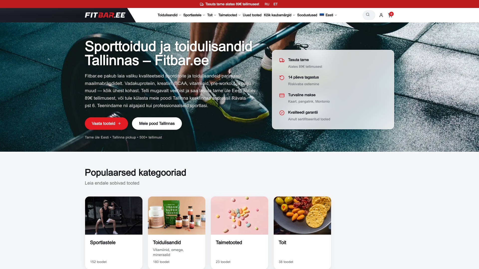 FitBar.ee online store homepage — banner featuring protein bars and sports nutrition products