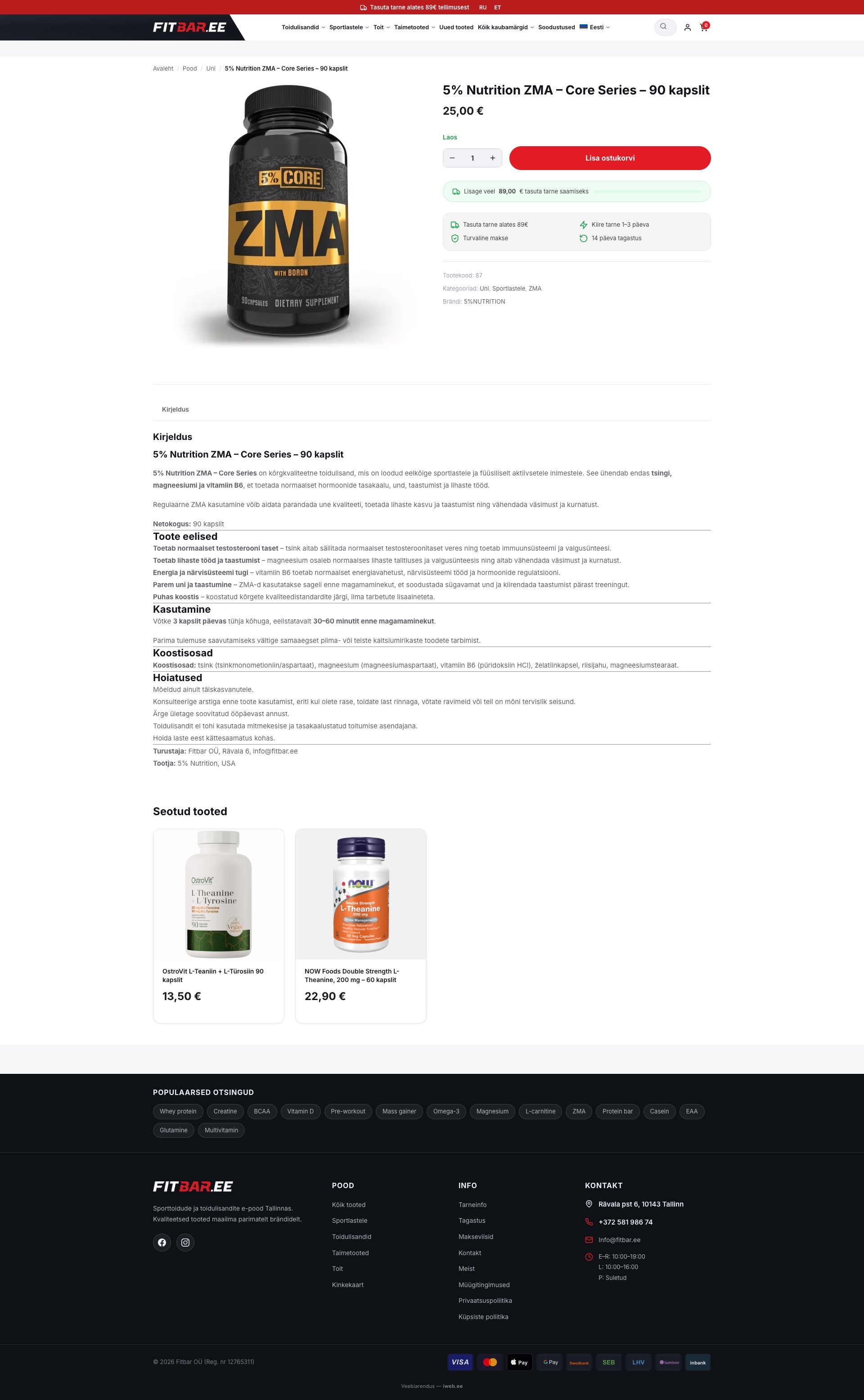 FitBar.ee product page with description, price, and add-to-cart button