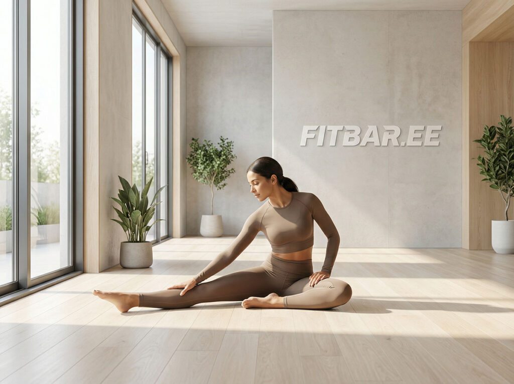 Sportlik naine venitusharjutust tegemas heledas stuudios — FitBar.ee e-poe projekt iWebi portfoolios