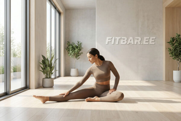 Sportlik naine venitusharjutust tegemas heledas stuudios — FitBar.ee e-poe projekt iWebi portfoolios