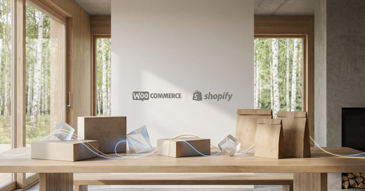 WooCommerce vs Shopify Eestis — kaks e-poe platvormi, logod puidust laual Skandinaavia interjööris